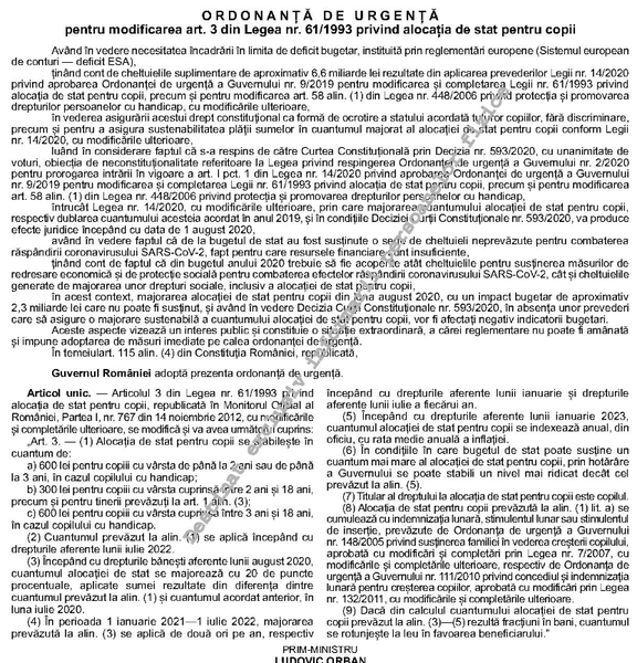 Cresc alocatiile pentru copii de la 1 august 2020, Foto: Monitorul Oficial