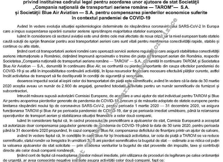 Ajutoare de stat pentru Tarom si Blue Air, Foto: Monitorul Oficial