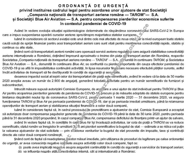 Ajutoare de stat pentru Tarom si Blue Air, Foto: Monitorul Oficial