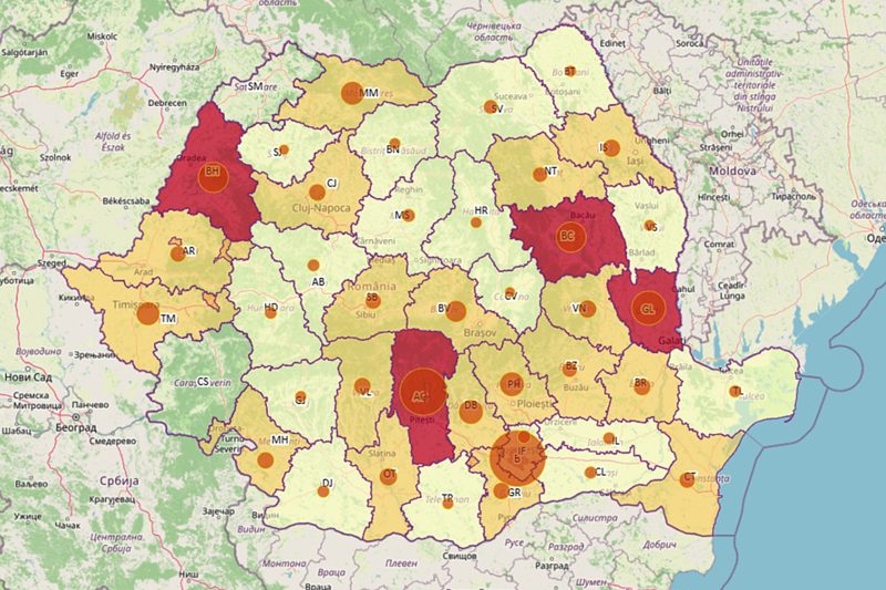Harta cazurilor noi (24h) de COVID-19 din tara, Foto: geo-spatial.org