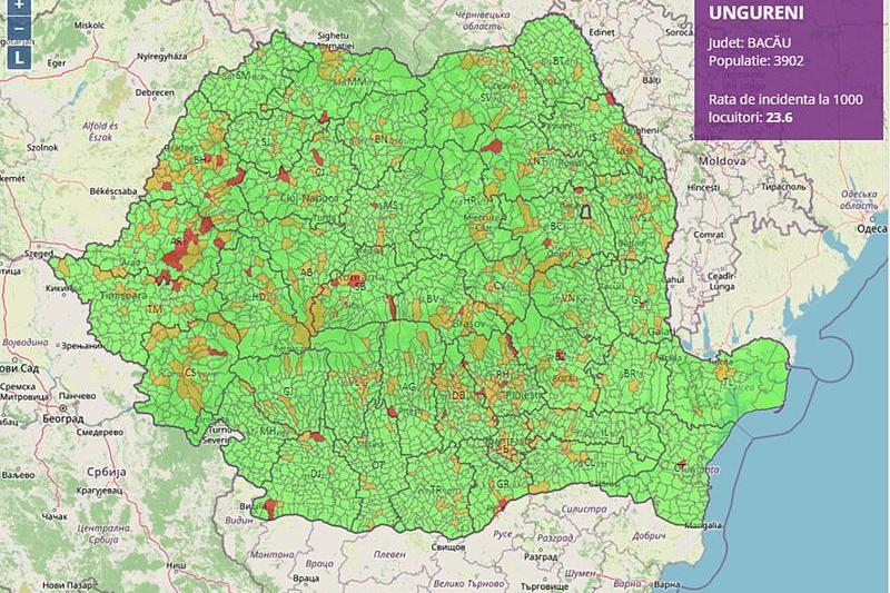 Rata de incidenta COVID-19 in localitatile din Romania, Foto: geo-spatial.org