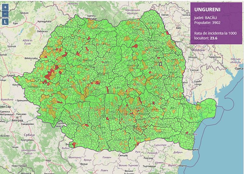 Rata de incidenta COVID-19 in localitatile din Romania, Foto: geo-spatial.org
