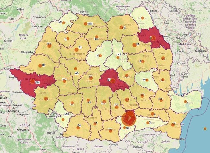 Cazurile de coronavirus pe judete - 8 septembrie, Foto: geo-spatial.org