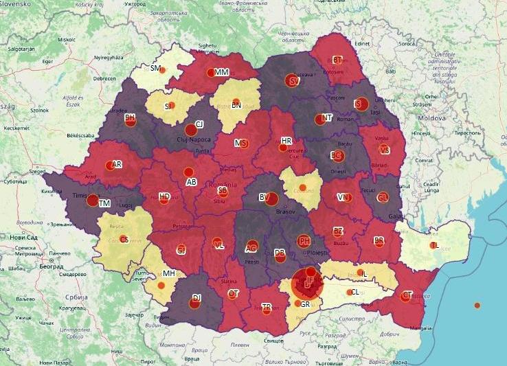 Harta cazuri COVID-19 in ultimerle 24 de ore - 24 octombrie, Foto: geo-spatial.org