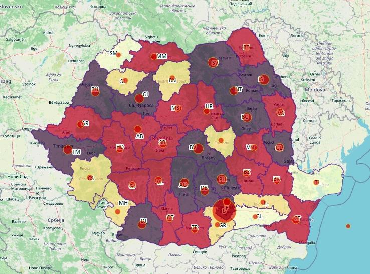 Harta cazuri COVID-19 in ultimerle 24 de ore - 24 octombrie, Foto: geo-spatial.org