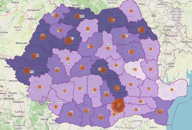 Cazuri noi de coronavirus - harta judete - 27 octombrie, Foto: geo-spatial.org