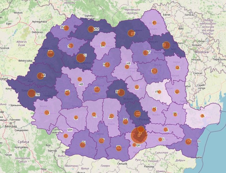Cazuri noi de coronavirus - harta judete - 27 octombrie, Foto: geo-spatial.org