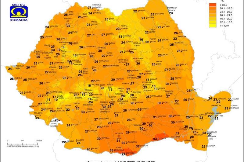 Temperaturile pe 5 octombrie la ora 17, Foto: ANM