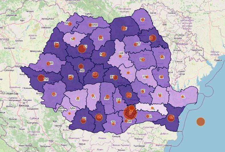 Cazuri noi COVID-19 pe 24 de ore - harta judete - 11 noiembrie, Foto: geo-spatial.org