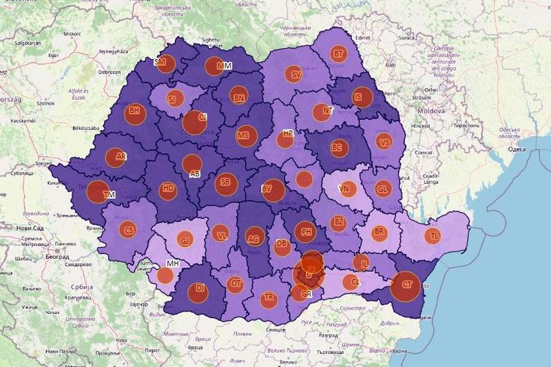 Cazuri noi de coronavirus - harta pe judete - 13 noiembrie 2020, Foto: geo-spatial.org