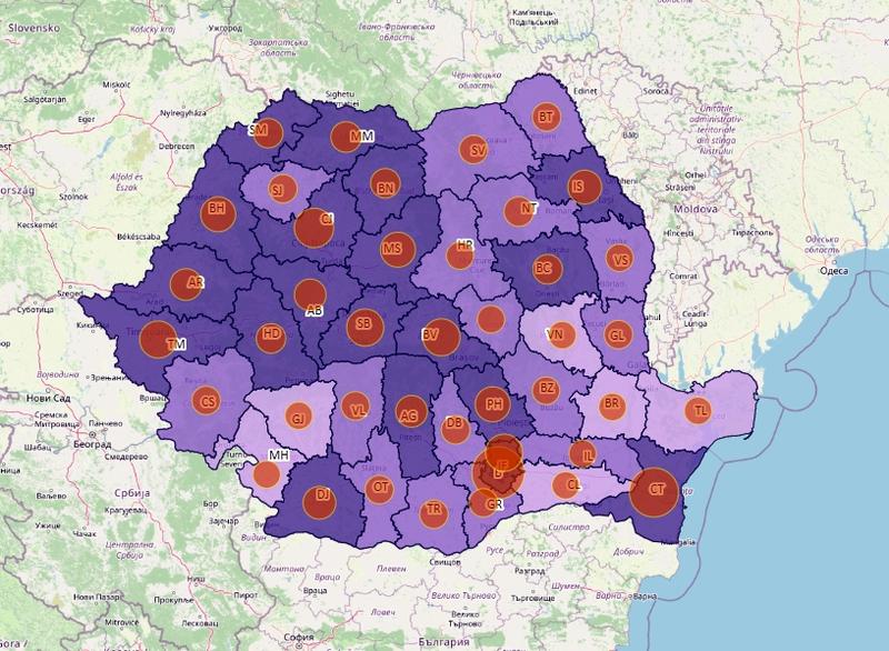 Cazuri noi de coronavirus - harta pe judete - 13 noiembrie 2020, Foto: geo-spatial.org