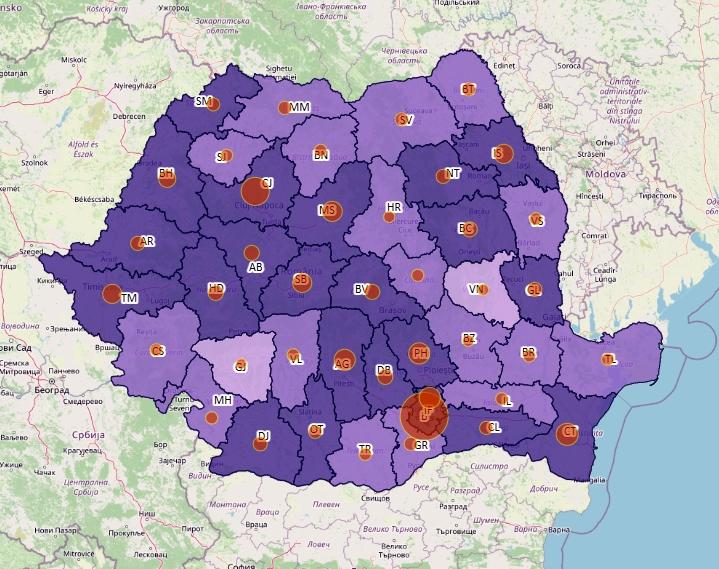 Cazuri noi de coronavirus - harta pe judete - 19 noiembrie 2020, Foto: geo-spatial.org