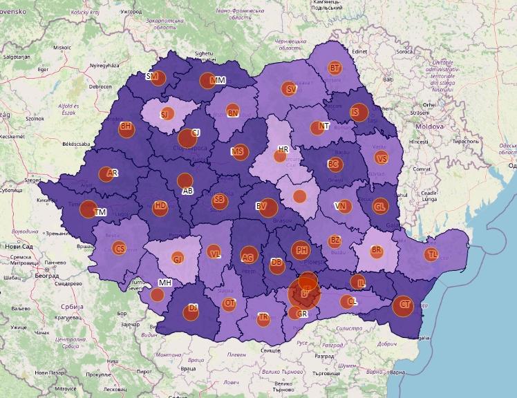 Cazuri noi de coronavirus in 24 de ore - topul judetelor - 27 noiembrie, Foto: geo-spatial.org
