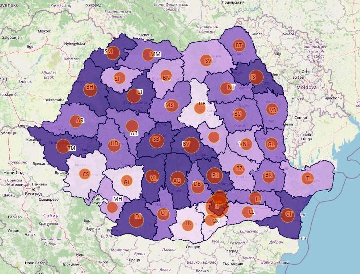 Cazuri noi de coronavirus in 24 de ore - topul judetelor - 29 noiembrie, Foto: geo-spatial.org