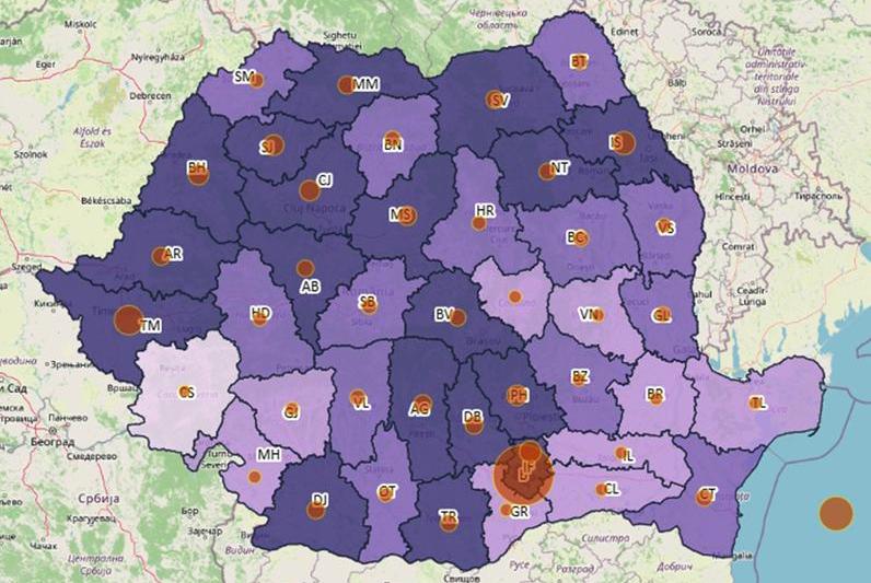 Cazurile noi de COVID-19 - harta judete - 4 noiembrie, Foto: geo-spatial.org