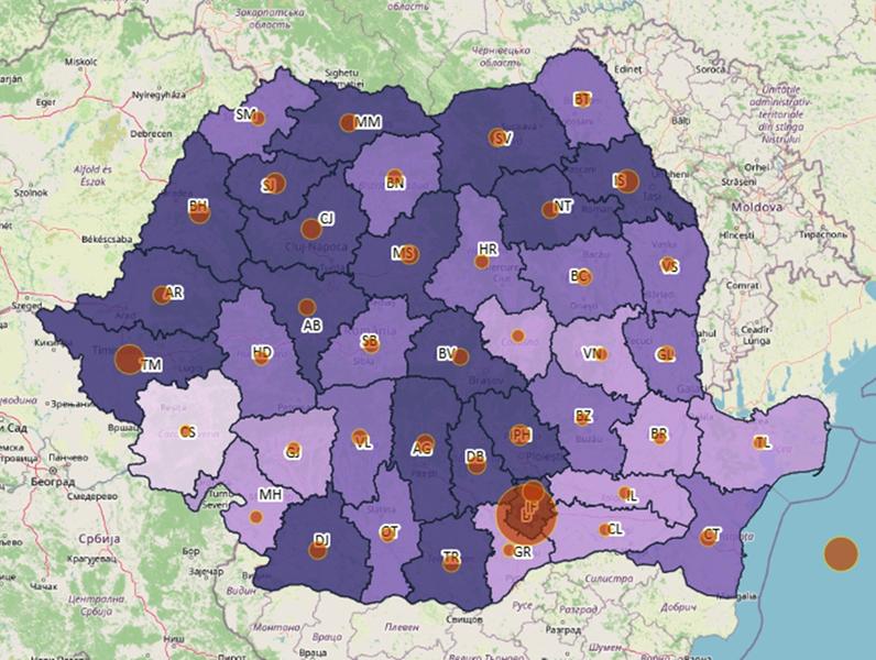 Cazurile noi de COVID-19 - harta judete - 4 noiembrie, Foto: geo-spatial.org