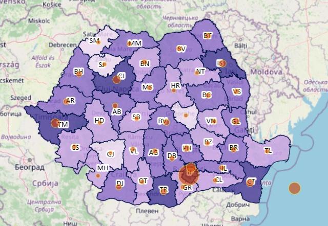 Coronavirus in Romania - Topul judetelor dupa cazuri noi - Harta - 23 decembrie, Foto: geo-spatial.org