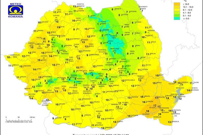 Temperaturile pe 30 decembrie la ora 14, Foto: ANM