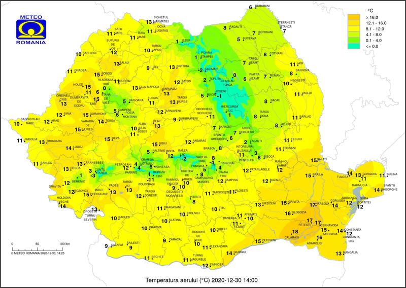 Temperaturile pe 30 decembrie la ora 14, Foto: ANM