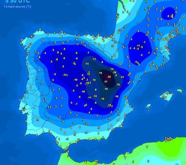 Temperaturile din Spania in dimineata zilei de 12 ianuarie, Foto: Meteociel