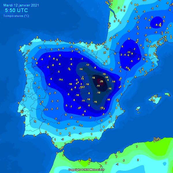 Temperaturile din Spania in dimineata zilei de 12 ianuarie, Foto: Meteociel