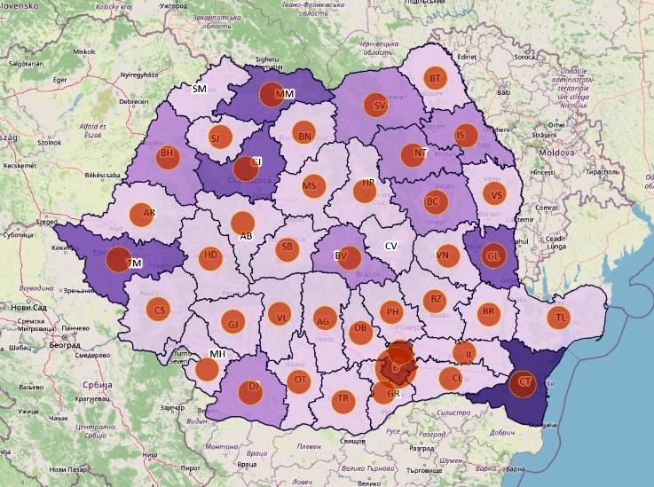 Cazuri noi de coronavirus in 24 de ore - topul judetelor - 18 ianuarie, Foto: geo-spatial.org