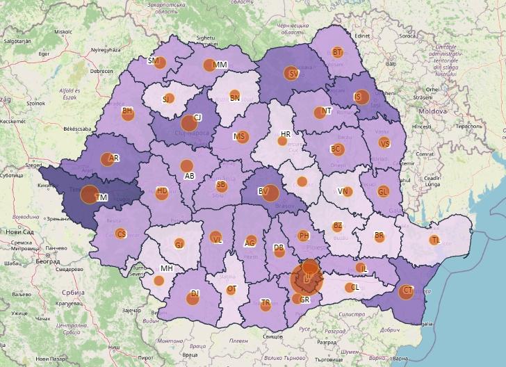 Cazuri noi de coronavirus in 24 de ore - topul judetelor - 23 ianuarie, Foto: geo-spatial.org