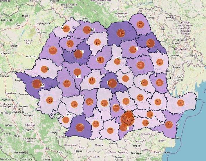 Cazuri noi de coronavirus in 24 de ore - topul judetelor - 24 ianuarie, Foto: geo-spatial.org