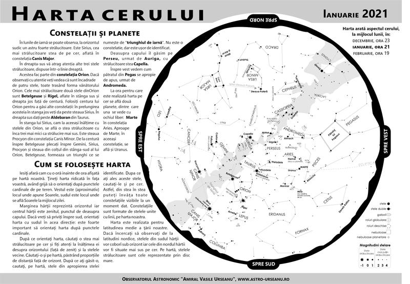 Harta cerului in ianuarie 2021, Foto: Observatorul Astronomic "Amiral Vasile Urseanu"