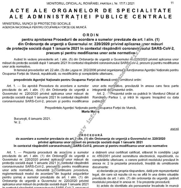 Ordin procedura 2.500 lei pentru angajații șomeri, Foto: Monitorul Oficial