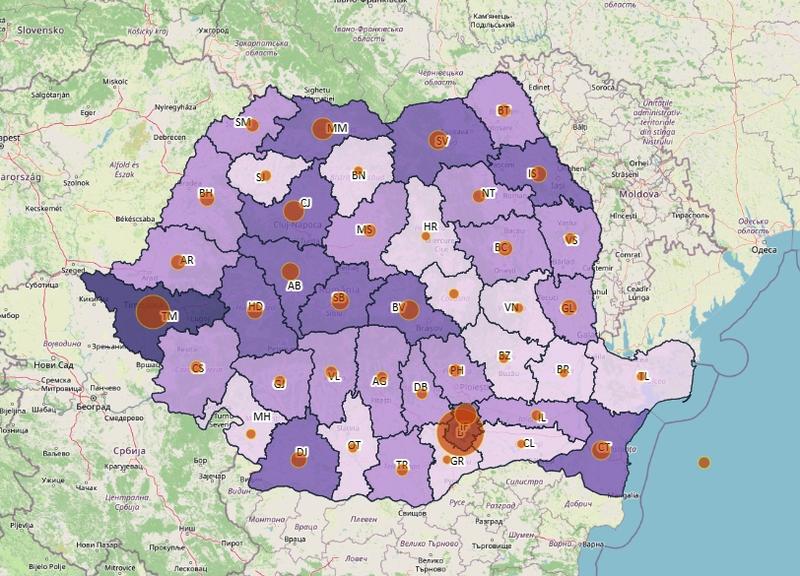 Cazuri noi de coronavirus in 24 de ore - topul judetelor - 17 februarie, Foto: geo-spatial.org