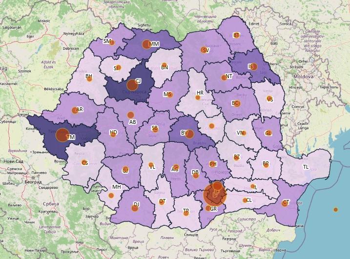 Cazuri noi de coronavirus in 24 de ore - topul judetelor - 21 februarie, Foto: geo-spatial.org