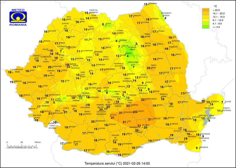 Temperaturile pe 26 februarie la ora 15, Foto: ANM