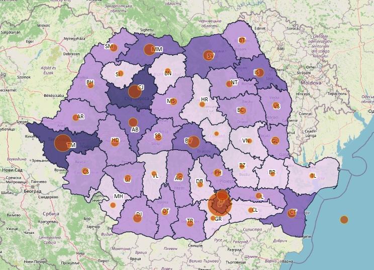 Cazuri noi de coronavirus in 24 de ore - topul judetelor - 5 februarie, Foto: geo-spatial.org