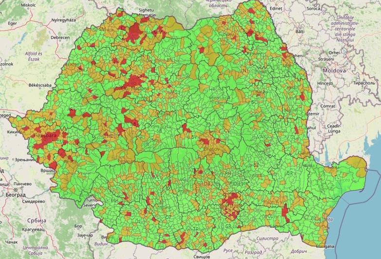 Incidenta COVID la 14 zile in localitatile din Romania - 5 februarie, Foto: geo-spatial.org