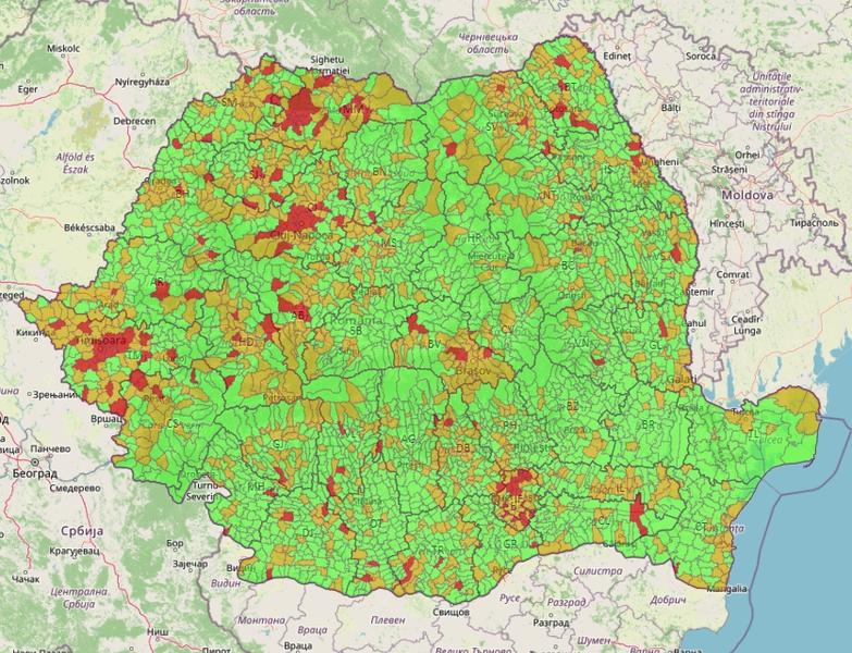Incidenta COVID la 14 zile in localitatile din Romania - 5 februarie, Foto: geo-spatial.org
