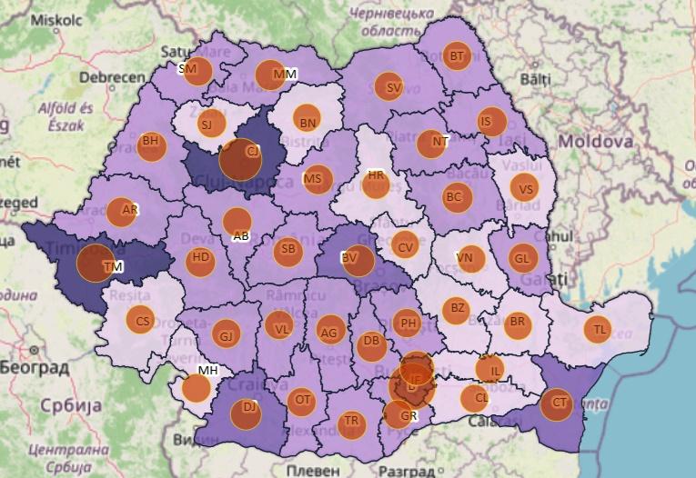 Cazuri noi de coronavirus in Romania - harta judete - 1 martie, Foto: geo-spatial.org