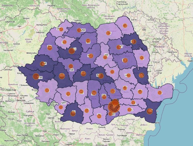 Cazuri noi de coronavirus in 24 de ore - topul judetelor - 19 martie, Foto: geo-spatial.org