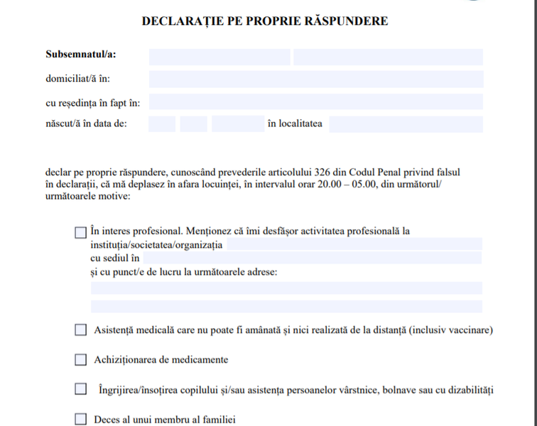 Declaratie deplasare in intervalul 20.00-05.00, Foto: Hotnews