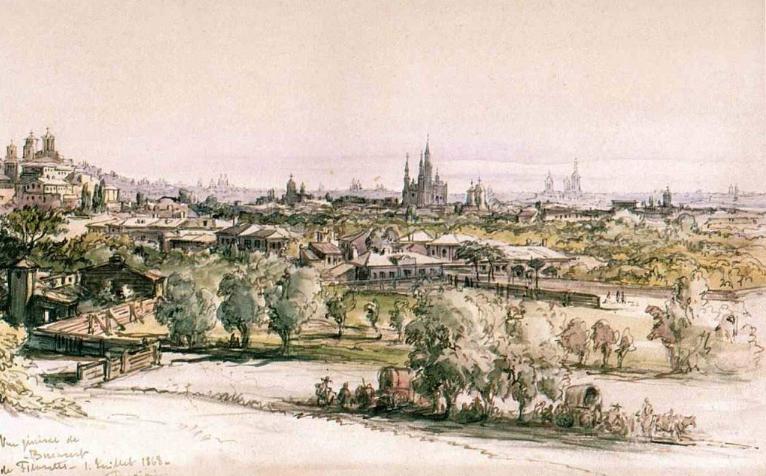 Bucureștiul văzut de pe dealul Filaretului, 1869, acuarelă de Amedeo Preziosi, Foto: Wikipedia