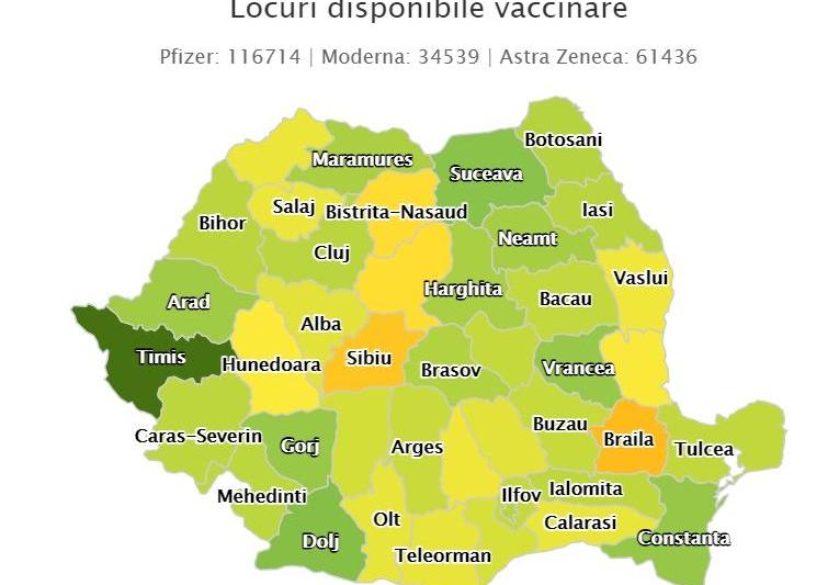 Harta locuri disponibile, Foto: vaccinare-covid.gov.ro