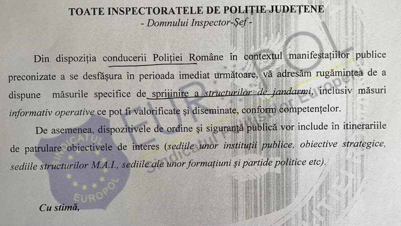Adresa publicată de Europol, Foto: Sindicatul Politistilor Europol