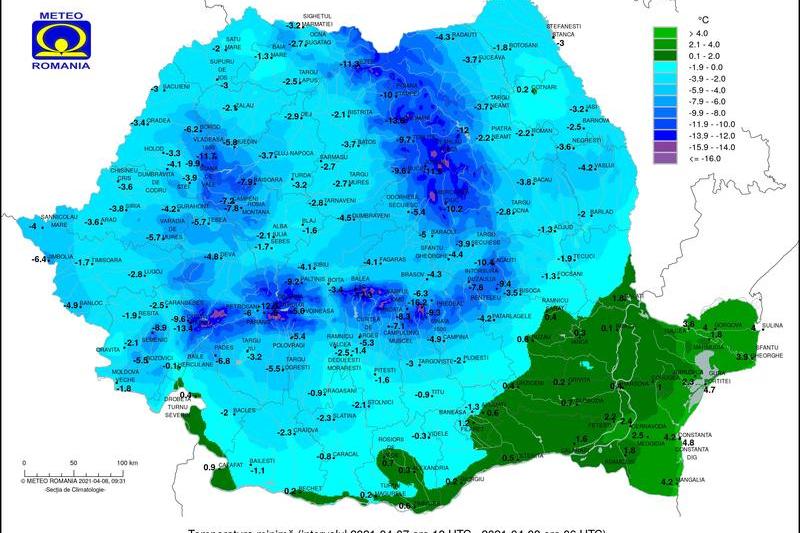 Minimele in Romania pe 8 aprilie, Foto: ANM