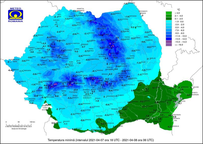 Minimele in Romania pe 8 aprilie, Foto: ANM