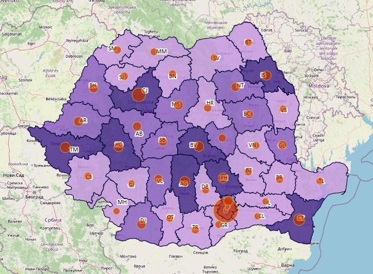 Cazuri noi de coronavirus in 24 de ore - topul judetelor 8 aprilie, Foto: geo-spatial.org