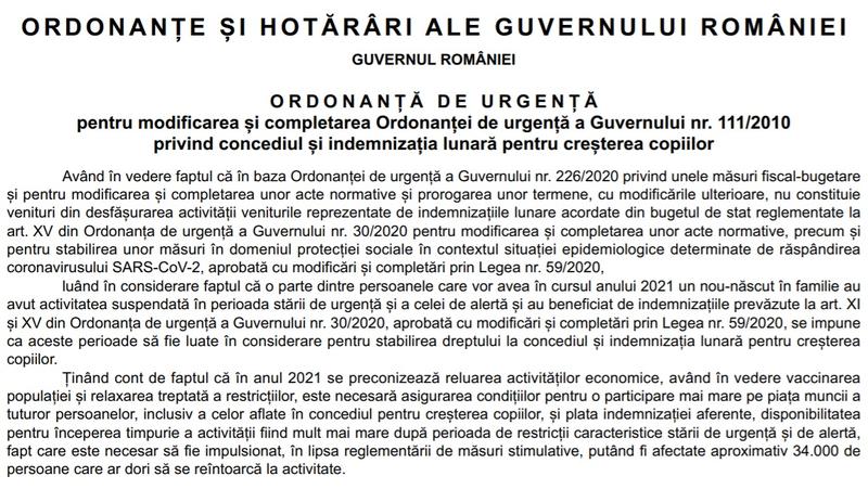 OUG majorare stimulent insertie daca parintele revine la munca pana face copilul 6 luni, Foto: Monitorul Oficial