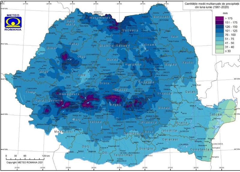 Media multianuala a precipitatiilor in iunie, Foto: ANM
