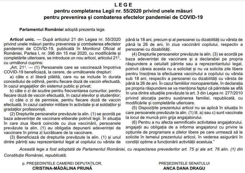 Lege - o zi libera pentru cei care se vaccineaza, Foto: Monitorul Oficial