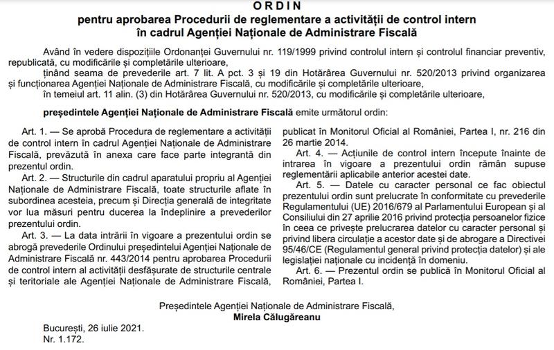 Ordin ANAF control intern, Foto: Hotnews