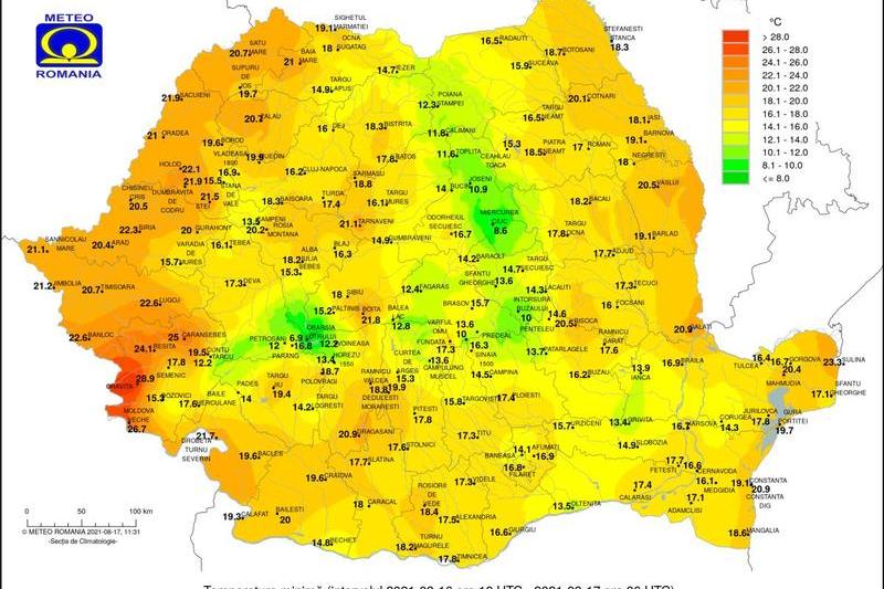 Minimele din Romania pe 17 august 2021, Foto: ANM